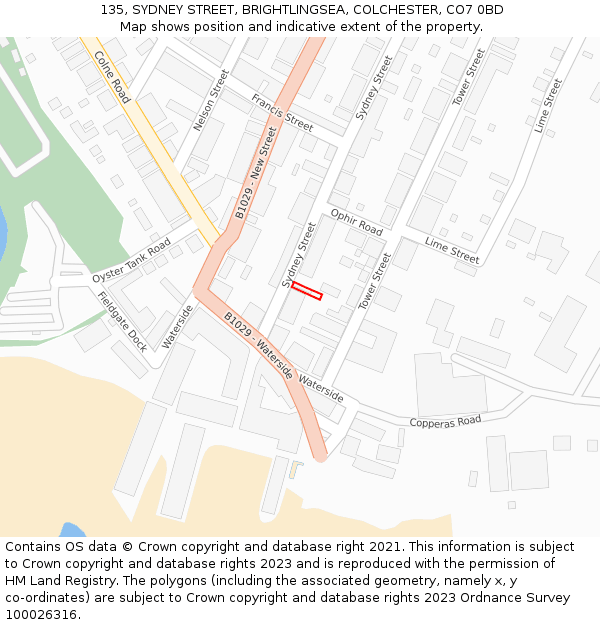 135, SYDNEY STREET, BRIGHTLINGSEA, COLCHESTER, CO7 0BD: Location map and indicative extent of plot