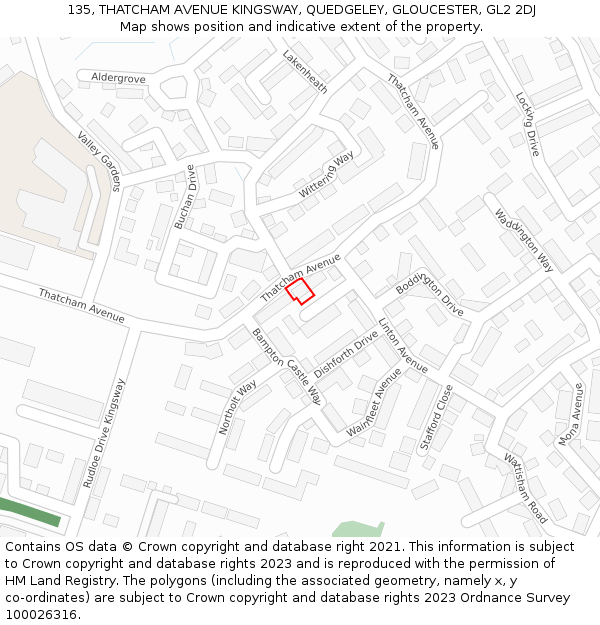 135, THATCHAM AVENUE KINGSWAY, QUEDGELEY, GLOUCESTER, GL2 2DJ: Location map and indicative extent of plot