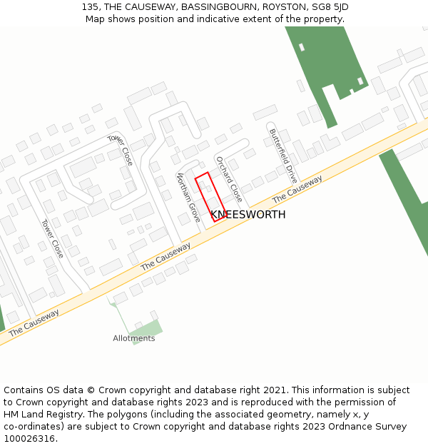 135, THE CAUSEWAY, BASSINGBOURN, ROYSTON, SG8 5JD: Location map and indicative extent of plot