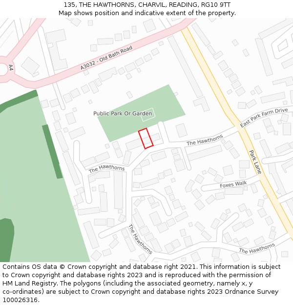 135, THE HAWTHORNS, CHARVIL, READING, RG10 9TT: Location map and indicative extent of plot