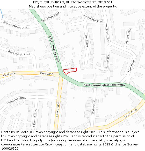 135, TUTBURY ROAD, BURTON-ON-TRENT, DE13 0NU: Location map and indicative extent of plot
