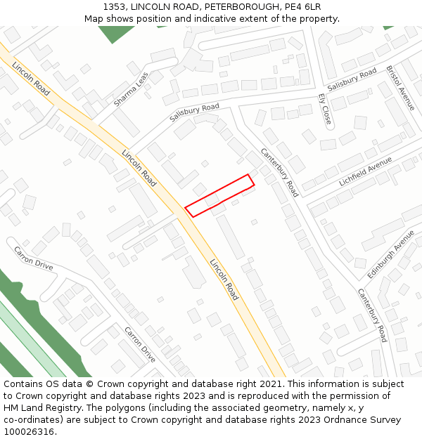 1353, LINCOLN ROAD, PETERBOROUGH, PE4 6LR: Location map and indicative extent of plot