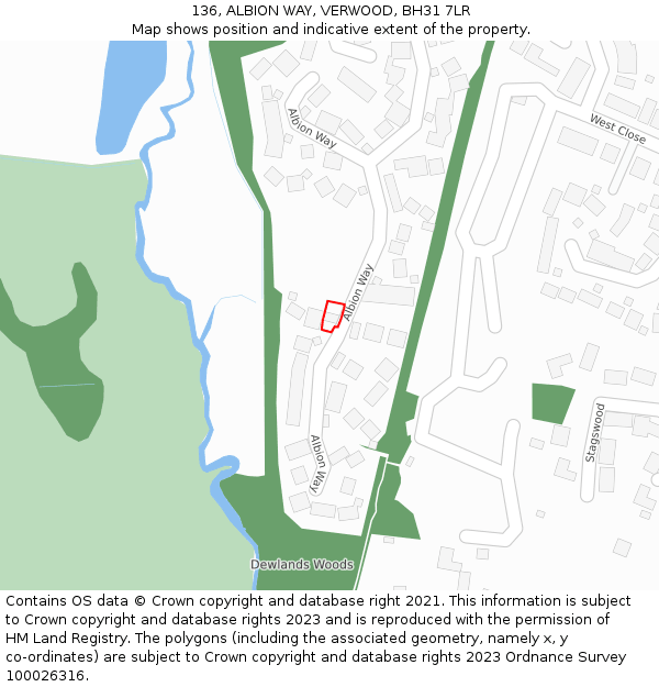 136, ALBION WAY, VERWOOD, BH31 7LR: Location map and indicative extent of plot