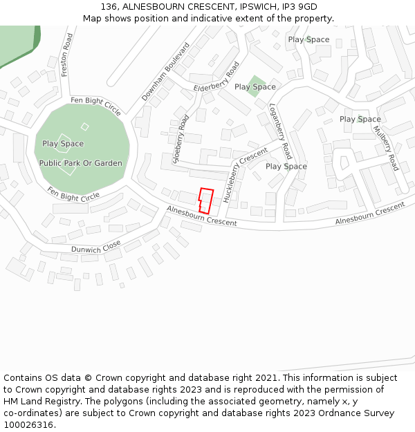 136, ALNESBOURN CRESCENT, IPSWICH, IP3 9GD: Location map and indicative extent of plot