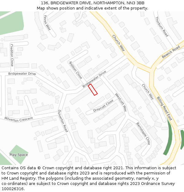 136, BRIDGEWATER DRIVE, NORTHAMPTON, NN3 3BB: Location map and indicative extent of plot