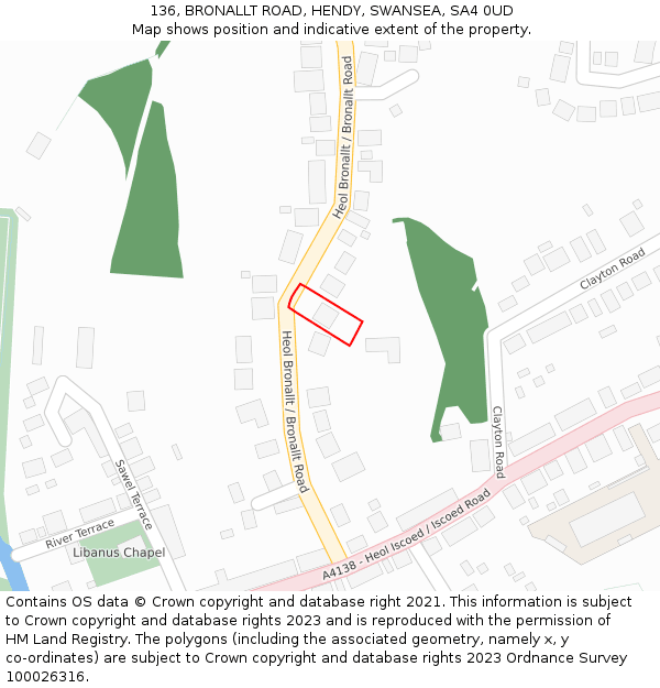 136, BRONALLT ROAD, HENDY, SWANSEA, SA4 0UD: Location map and indicative extent of plot