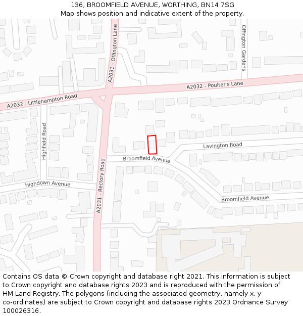 136, BROOMFIELD AVENUE, WORTHING, BN14 7SG: Location map and indicative extent of plot