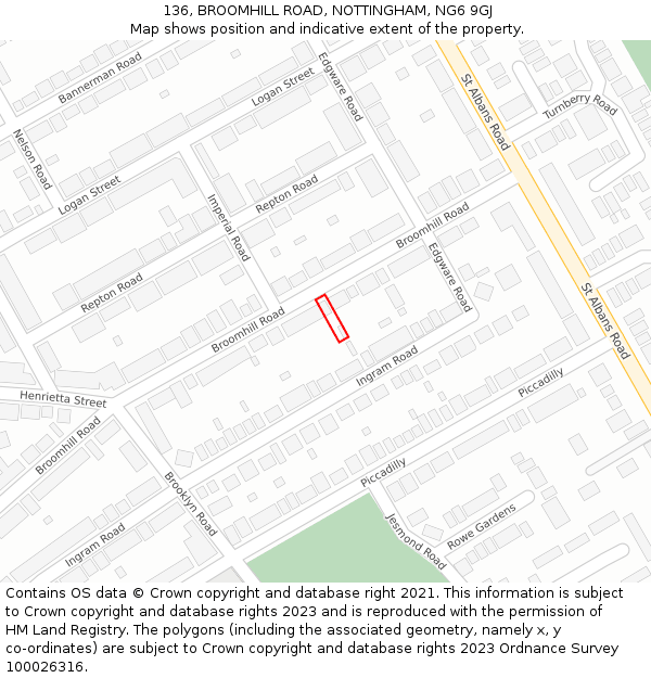 136, BROOMHILL ROAD, NOTTINGHAM, NG6 9GJ: Location map and indicative extent of plot