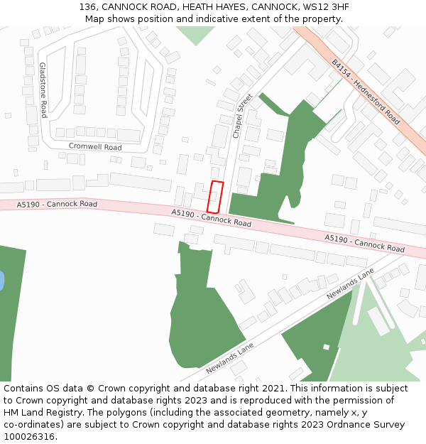 136, CANNOCK ROAD, HEATH HAYES, CANNOCK, WS12 3HF: Location map and indicative extent of plot