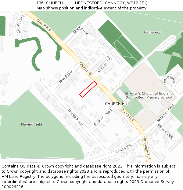 136, CHURCH HILL, HEDNESFORD, CANNOCK, WS12 1BQ: Location map and indicative extent of plot