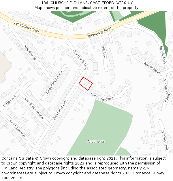 136, CHURCHFIELD LANE, CASTLEFORD, WF10 4JY: Location map and indicative extent of plot