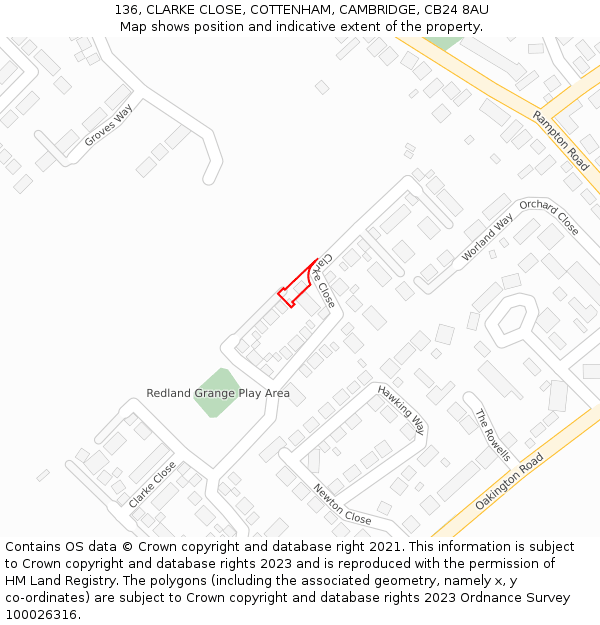 136, CLARKE CLOSE, COTTENHAM, CAMBRIDGE, CB24 8AU: Location map and indicative extent of plot