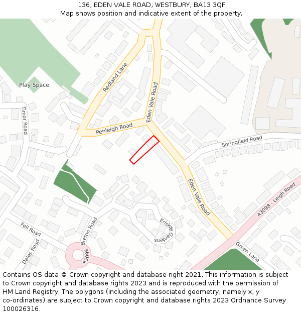 136, EDEN VALE ROAD, WESTBURY, BA13 3QF: Location map and indicative extent of plot