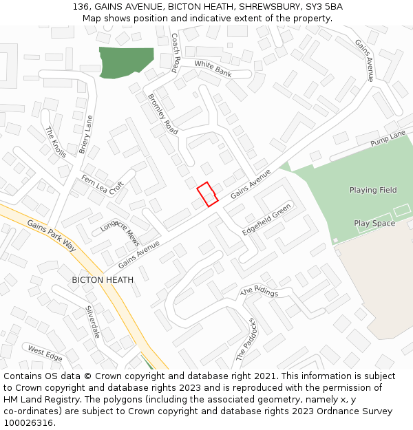 136, GAINS AVENUE, BICTON HEATH, SHREWSBURY, SY3 5BA: Location map and indicative extent of plot