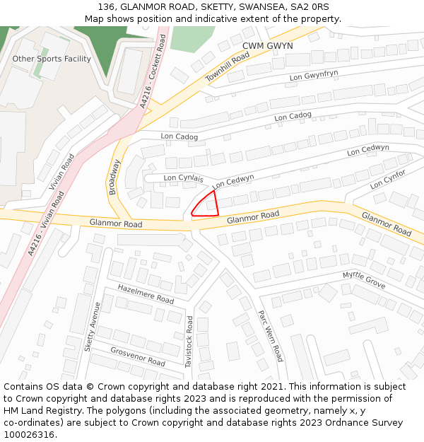 136, GLANMOR ROAD, SKETTY, SWANSEA, SA2 0RS: Location map and indicative extent of plot