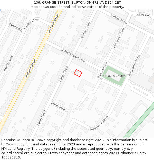 136, GRANGE STREET, BURTON-ON-TRENT, DE14 2ET: Location map and indicative extent of plot