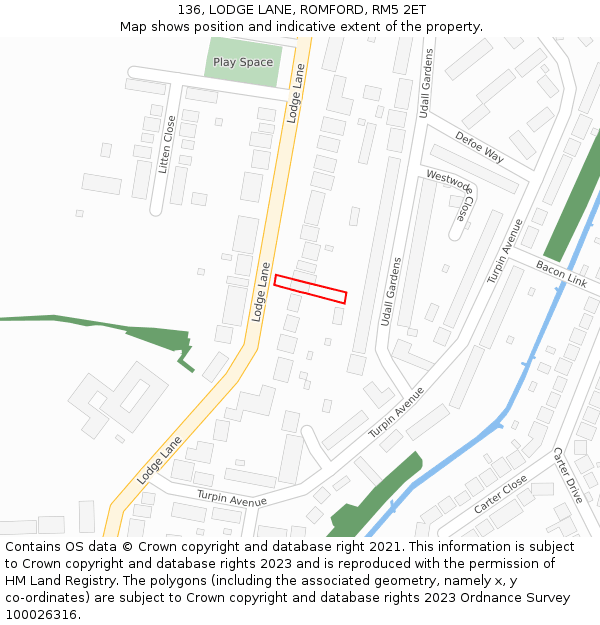 136, LODGE LANE, ROMFORD, RM5 2ET: Location map and indicative extent of plot