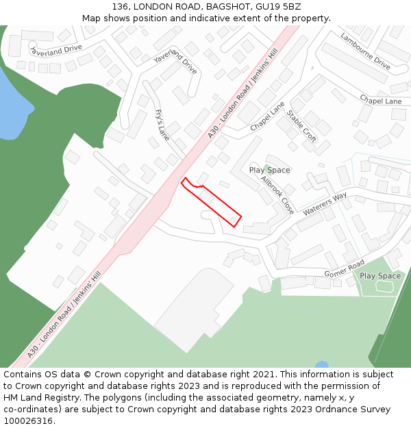 136, LONDON ROAD, BAGSHOT, GU19 5BZ: Location map and indicative extent of plot