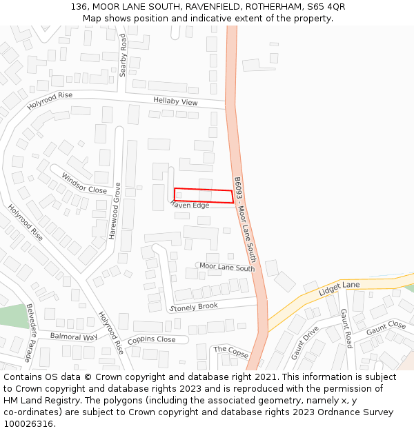 136, MOOR LANE SOUTH, RAVENFIELD, ROTHERHAM, S65 4QR: Location map and indicative extent of plot