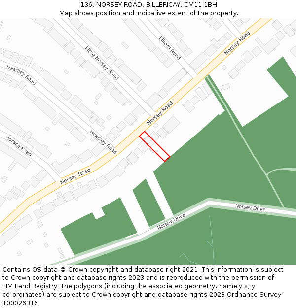 136, NORSEY ROAD, BILLERICAY, CM11 1BH: Location map and indicative extent of plot