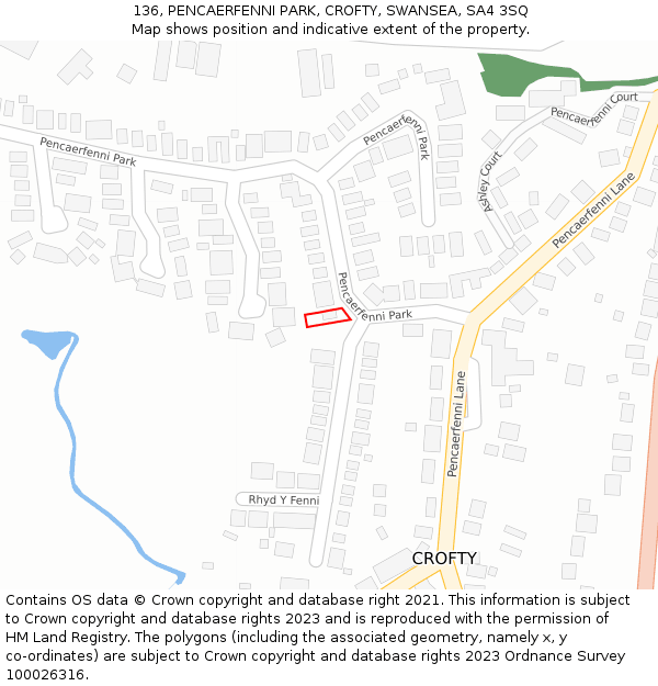 136, PENCAERFENNI PARK, CROFTY, SWANSEA, SA4 3SQ: Location map and indicative extent of plot