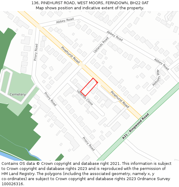 136, PINEHURST ROAD, WEST MOORS, FERNDOWN, BH22 0AT: Location map and indicative extent of plot