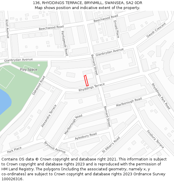 136, RHYDDINGS TERRACE, BRYNMILL, SWANSEA, SA2 0DR: Location map and indicative extent of plot