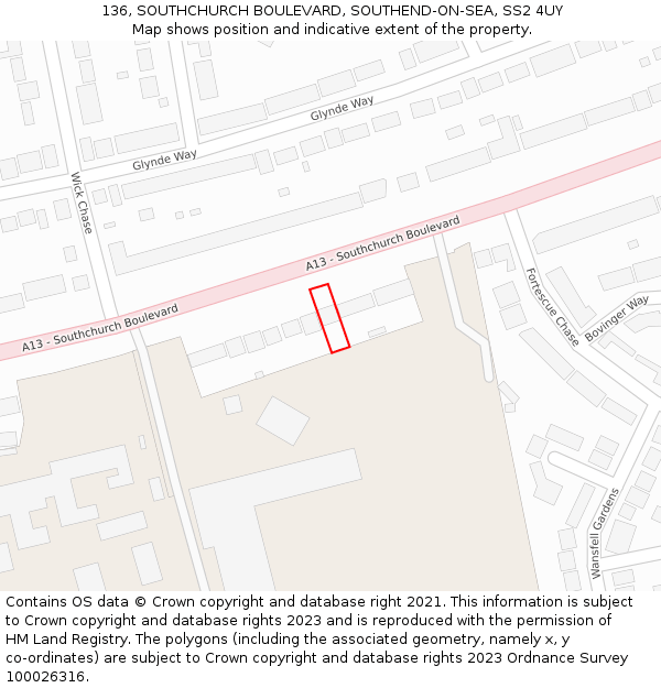 136, SOUTHCHURCH BOULEVARD, SOUTHEND-ON-SEA, SS2 4UY: Location map and indicative extent of plot