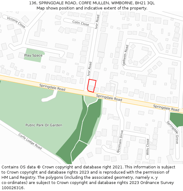 136, SPRINGDALE ROAD, CORFE MULLEN, WIMBORNE, BH21 3QL: Location map and indicative extent of plot