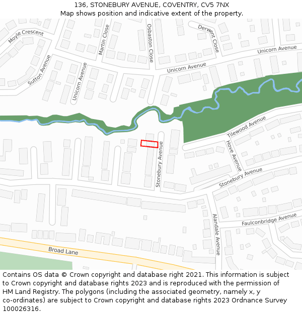 136, STONEBURY AVENUE, COVENTRY, CV5 7NX: Location map and indicative extent of plot