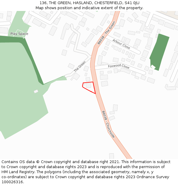 136, THE GREEN, HASLAND, CHESTERFIELD, S41 0JU: Location map and indicative extent of plot