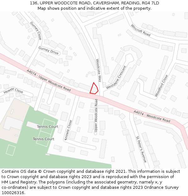 136, UPPER WOODCOTE ROAD, CAVERSHAM, READING, RG4 7LD: Location map and indicative extent of plot