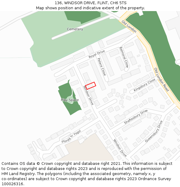 136, WINDSOR DRIVE, FLINT, CH6 5TS: Location map and indicative extent of plot