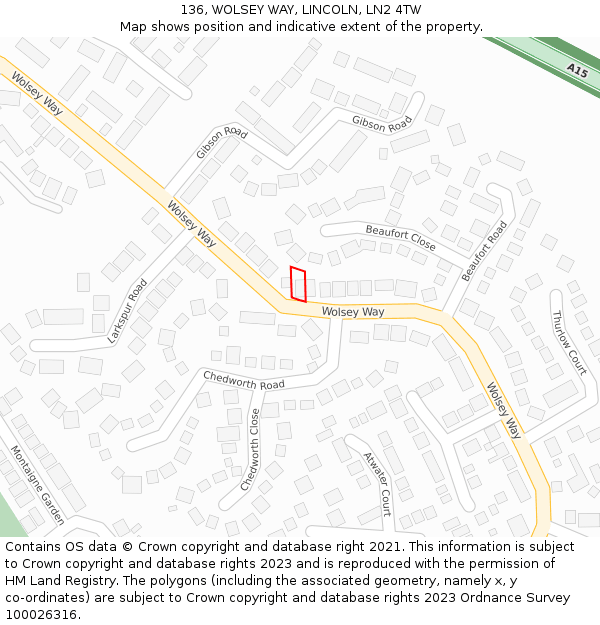 136, WOLSEY WAY, LINCOLN, LN2 4TW: Location map and indicative extent of plot