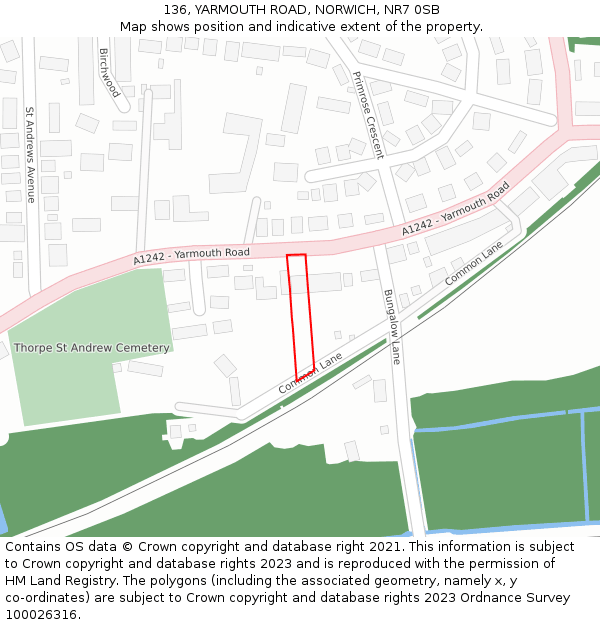 136, YARMOUTH ROAD, NORWICH, NR7 0SB: Location map and indicative extent of plot