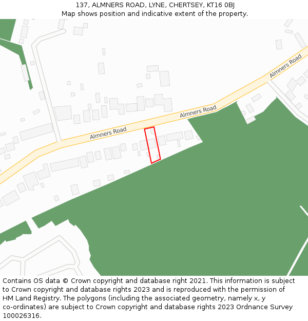 137, ALMNERS ROAD, LYNE, CHERTSEY, KT16 0BJ: Location map and indicative extent of plot