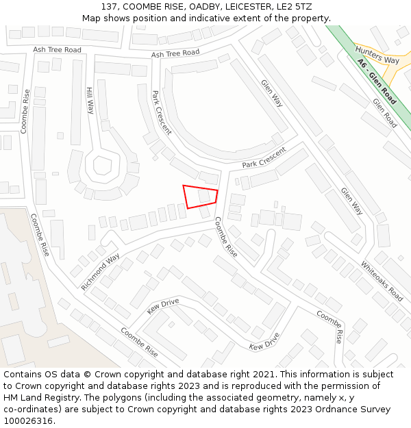 137, COOMBE RISE, OADBY, LEICESTER, LE2 5TZ: Location map and indicative extent of plot