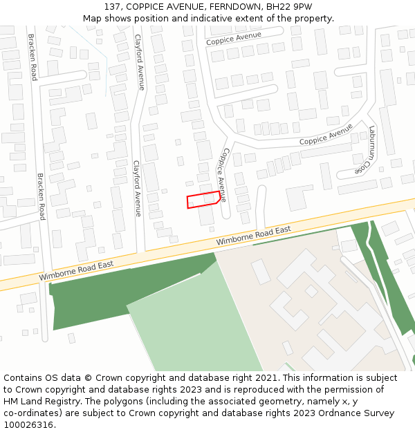 137, COPPICE AVENUE, FERNDOWN, BH22 9PW: Location map and indicative extent of plot