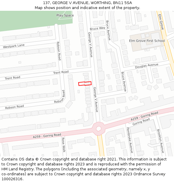 137, GEORGE V AVENUE, WORTHING, BN11 5SA: Location map and indicative extent of plot