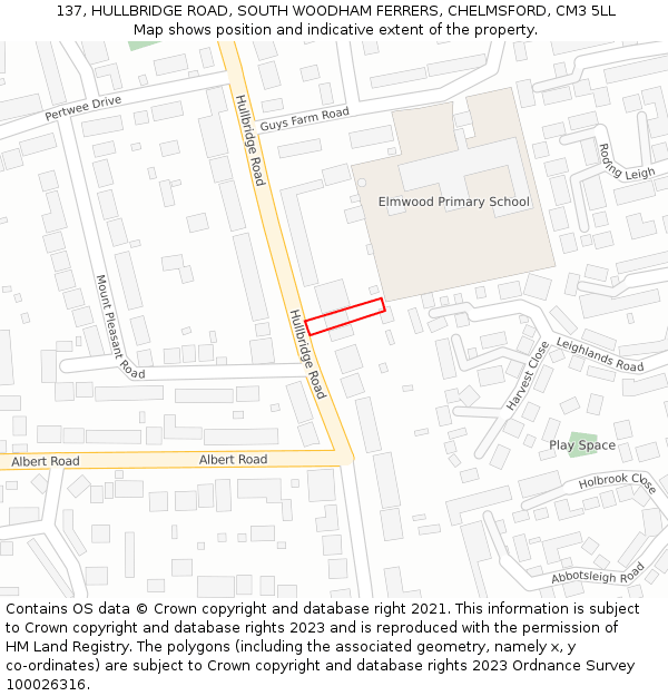 137, HULLBRIDGE ROAD, SOUTH WOODHAM FERRERS, CHELMSFORD, CM3 5LL: Location map and indicative extent of plot