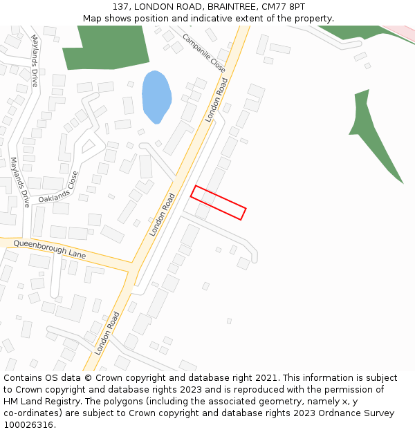 137, LONDON ROAD, BRAINTREE, CM77 8PT: Location map and indicative extent of plot
