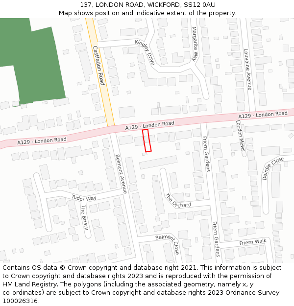 137, LONDON ROAD, WICKFORD, SS12 0AU: Location map and indicative extent of plot