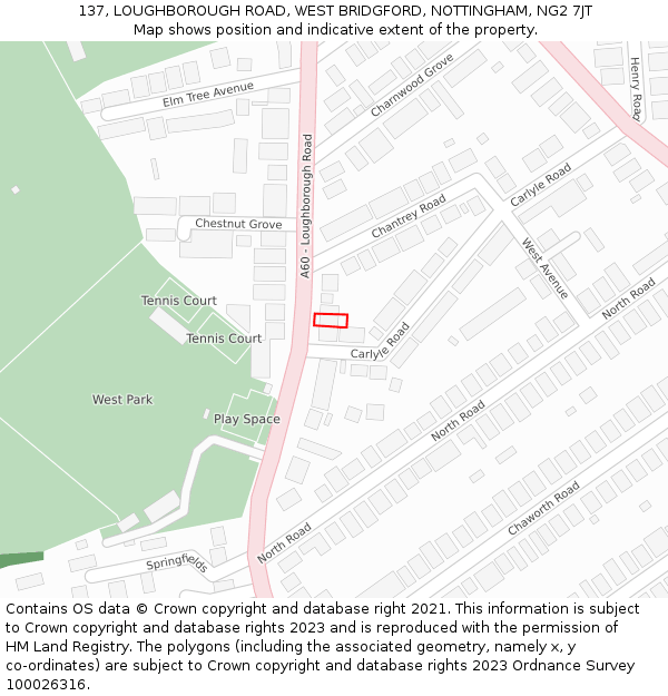 137, LOUGHBOROUGH ROAD, WEST BRIDGFORD, NOTTINGHAM, NG2 7JT: Location map and indicative extent of plot