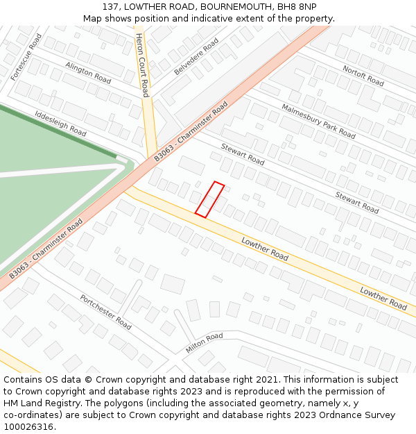 137, LOWTHER ROAD, BOURNEMOUTH, BH8 8NP: Location map and indicative extent of plot