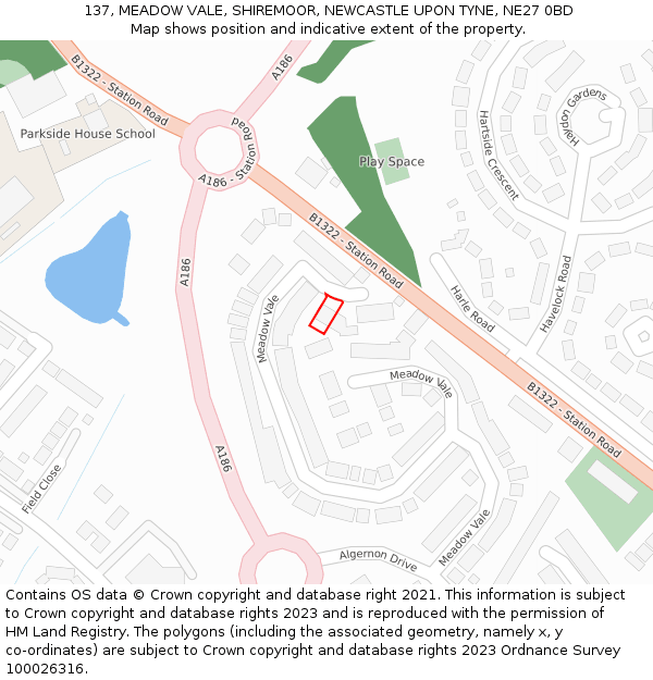 137, MEADOW VALE, SHIREMOOR, NEWCASTLE UPON TYNE, NE27 0BD: Location map and indicative extent of plot