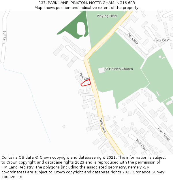 137, PARK LANE, PINXTON, NOTTINGHAM, NG16 6PR: Location map and indicative extent of plot