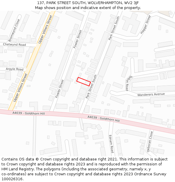 137, PARK STREET SOUTH, WOLVERHAMPTON, WV2 3JF: Location map and indicative extent of plot