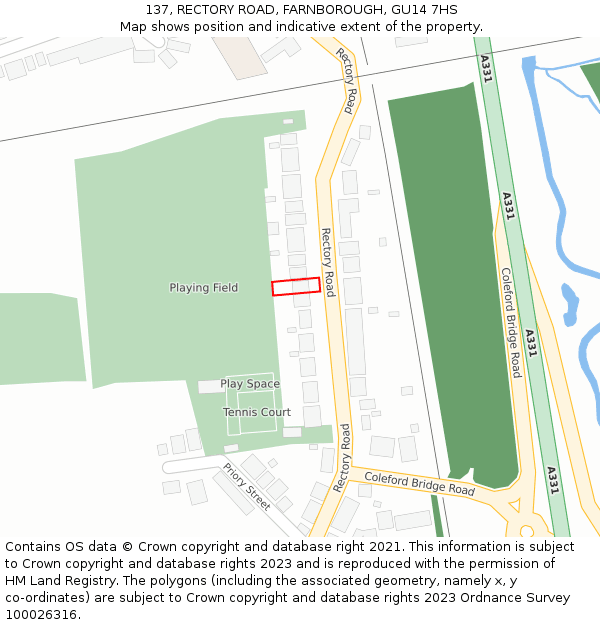 137, RECTORY ROAD, FARNBOROUGH, GU14 7HS: Location map and indicative extent of plot