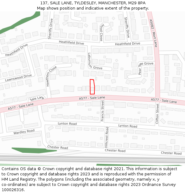 137, SALE LANE, TYLDESLEY, MANCHESTER, M29 8PA: Location map and indicative extent of plot