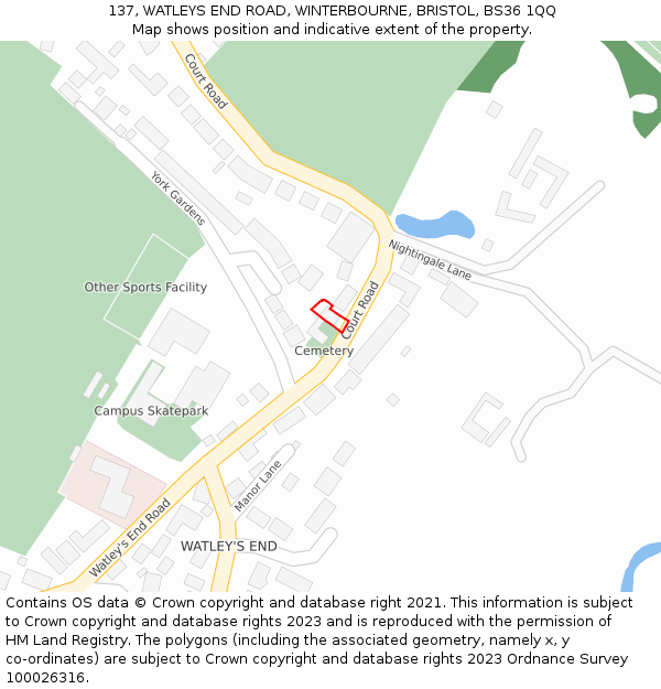 137, WATLEYS END ROAD, WINTERBOURNE, BRISTOL, BS36 1QQ: Location map and indicative extent of plot